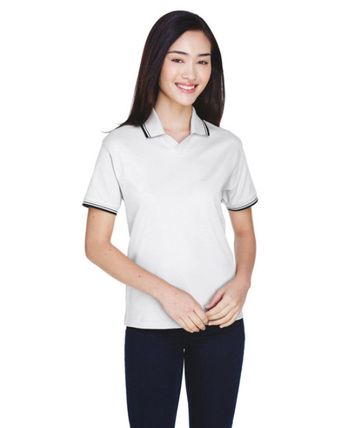 Polo pour femme en interlock avec fines rayures Perfect Pima de Devon & Jones Polo pour femme en interlock avec fines rayures Perfect Pima de Devon & Jones